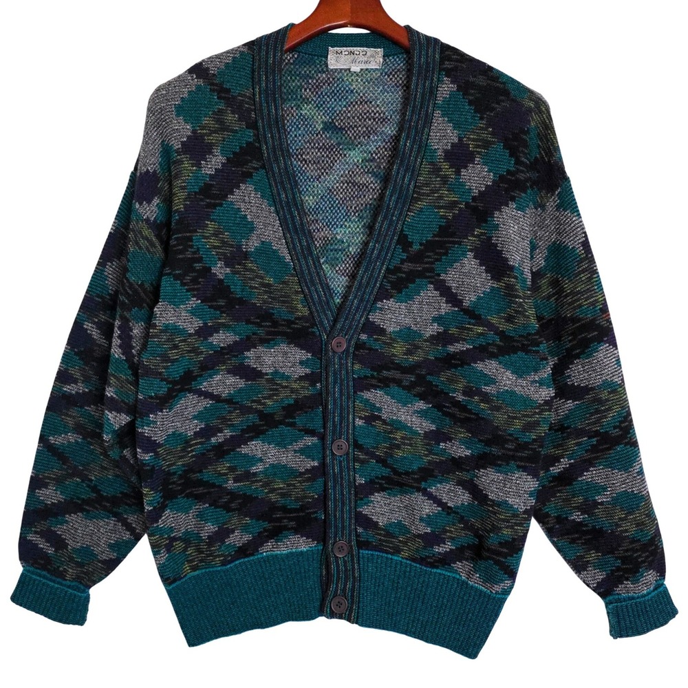 VTG Mondo‎ di Marco Teal Purple Geometric Grandpa Cardigan Sweater. Italy Med